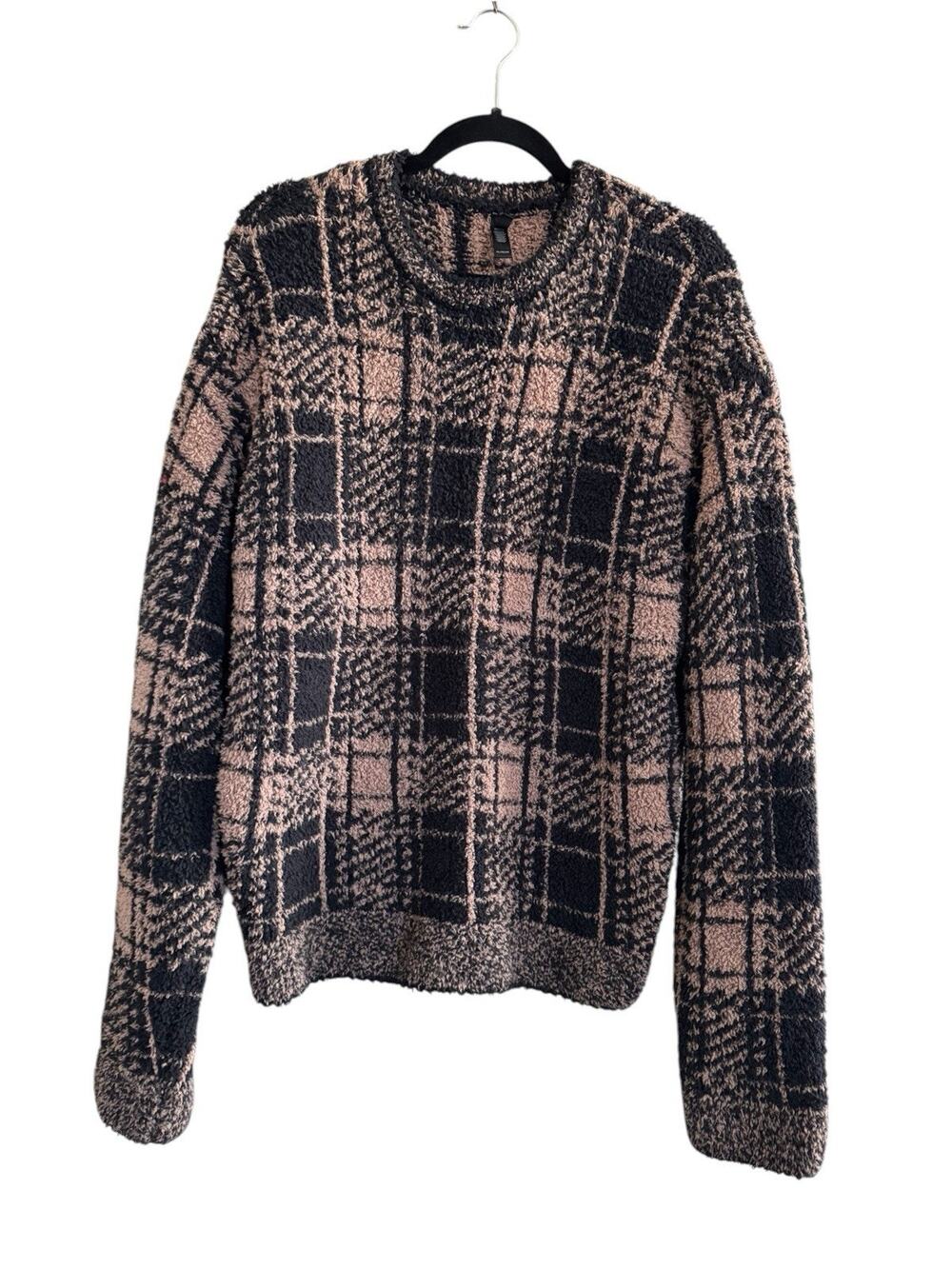Skims Teddy Plaid Sweater Black Tan Womens XL Sherpa Pullover Crew Neck #7403